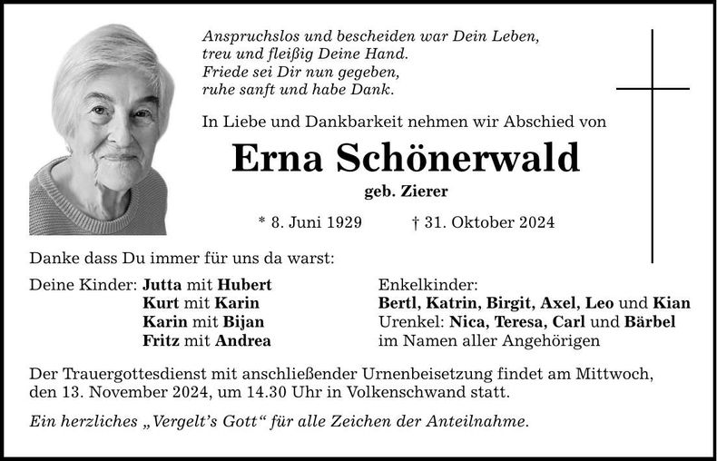Traueranzeige Erna Schönerwald