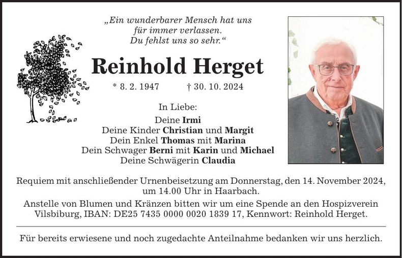 Traueranzeige Reinhold Herget