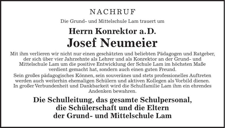 Traueranzeige Josef Neumeier