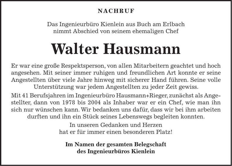 Traueranzeige Walter Hausmann