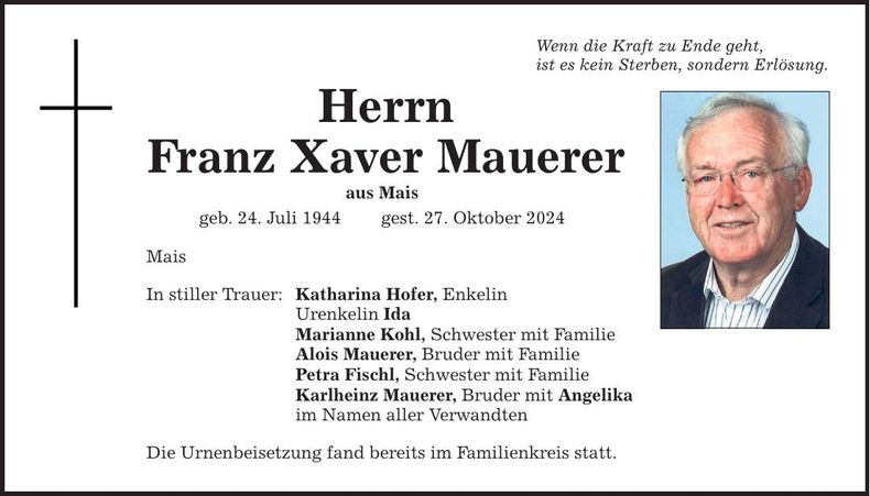 Traueranzeige Franz Xaver Mauerer