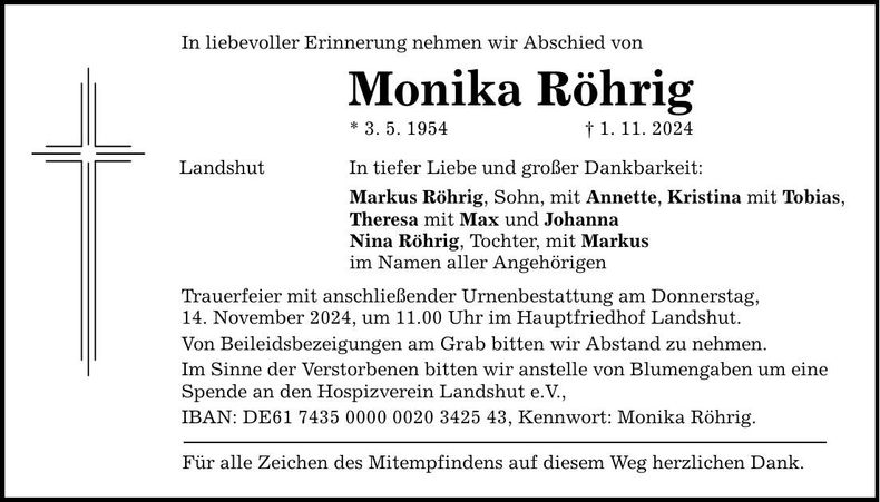 Traueranzeige Monika Röhrig