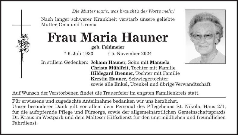 Traueranzeige Maria Hauner