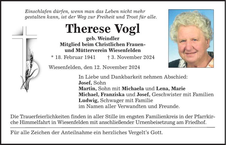 Traueranzeige Therese Vogl