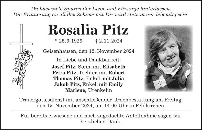 Traueranzeige Rosalia Pitz