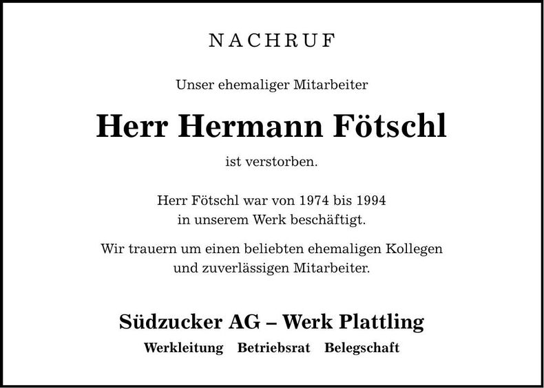 Traueranzeige Hermann Fötschl