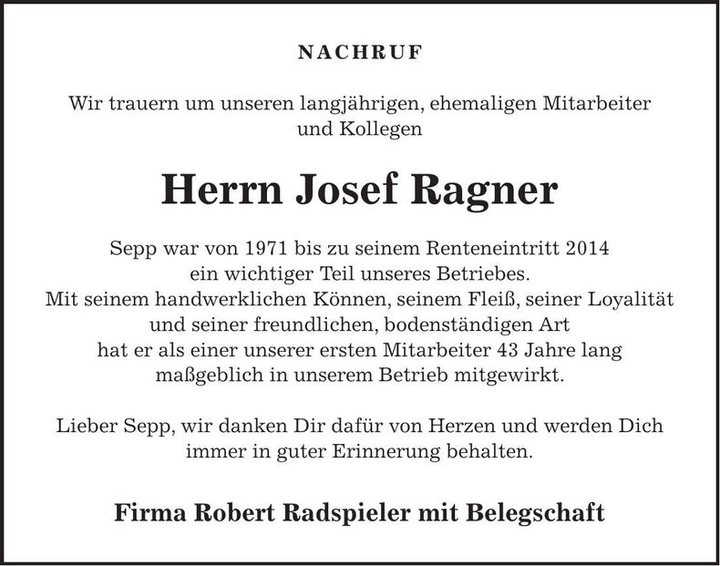 Traueranzeige Josef Ragner