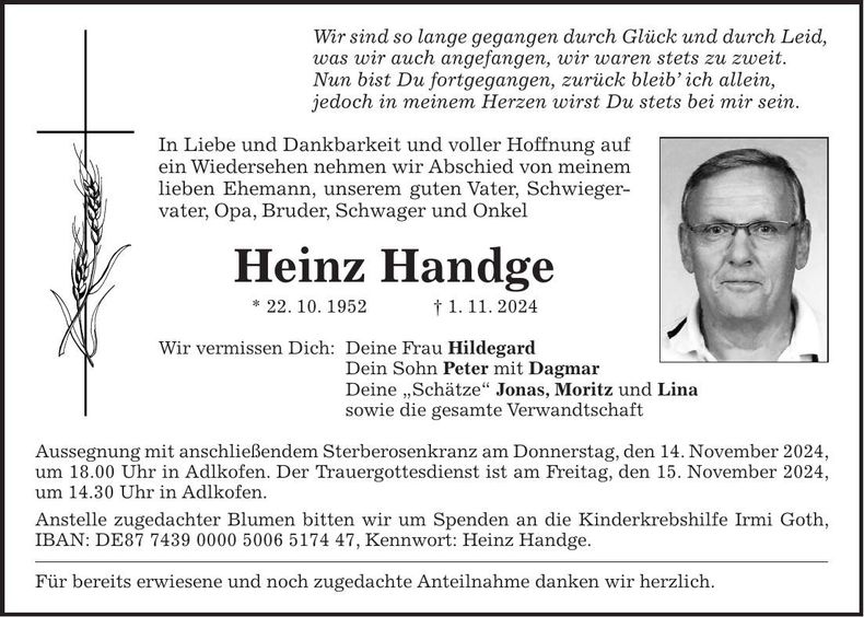 Traueranzeige Heinz Handge