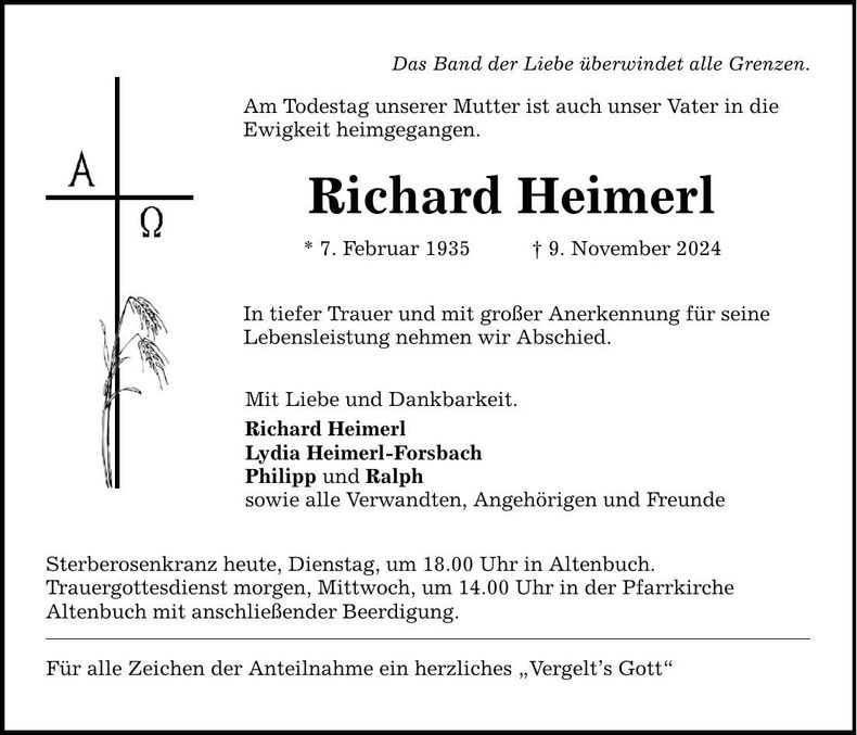 Traueranzeige Richard Heimerl
