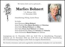 Traueranzeige Marlies Bohnert
