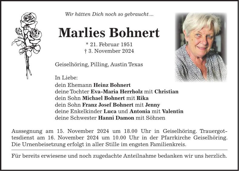 Traueranzeige Marlies Bohnert