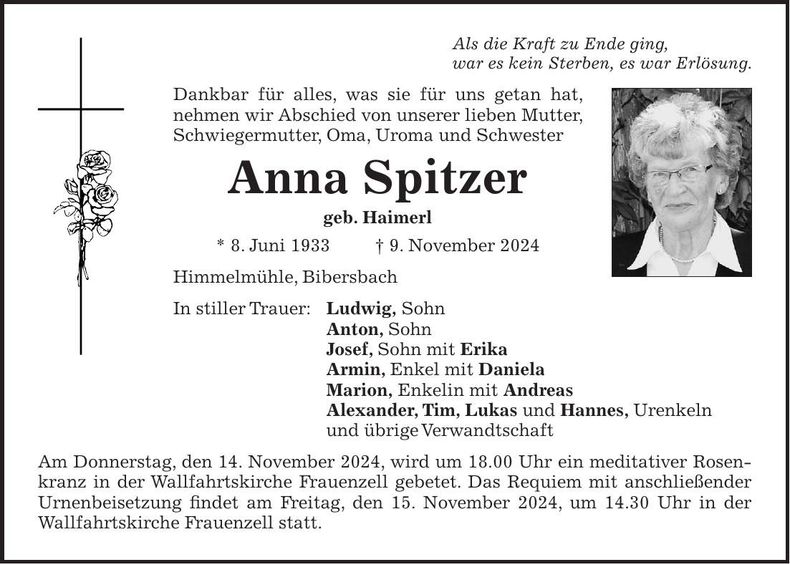 Traueranzeige Anna Spitzer