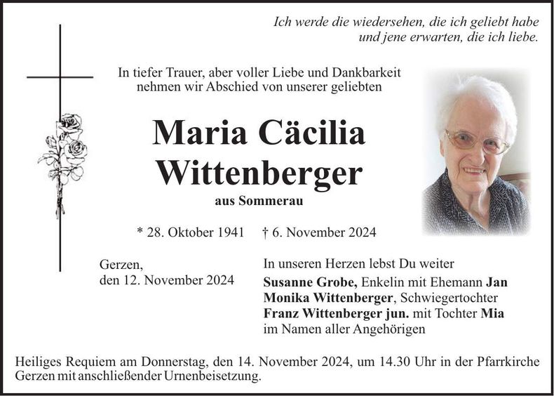 Traueranzeige Maria Cäcilia Wittenberger