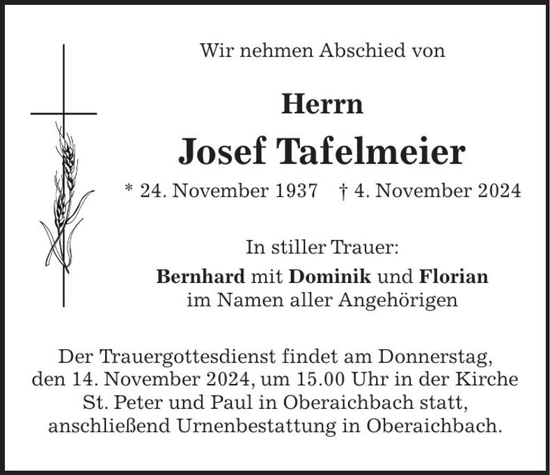 Traueranzeige Josef Tafelmeier