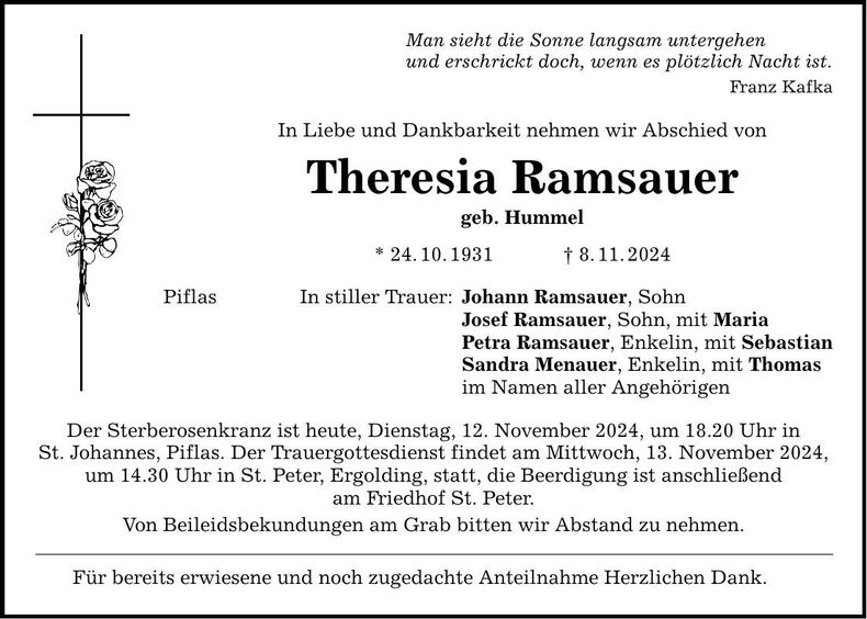 Traueranzeige Theresia Ramsauer