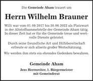 Traueranzeige Wilhelm Brauner