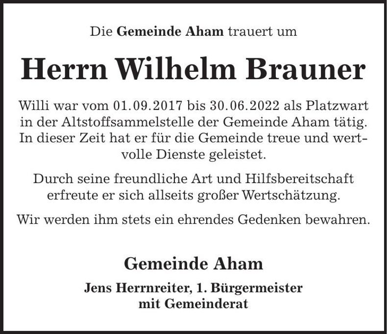 Traueranzeige Wilhelm Brauner