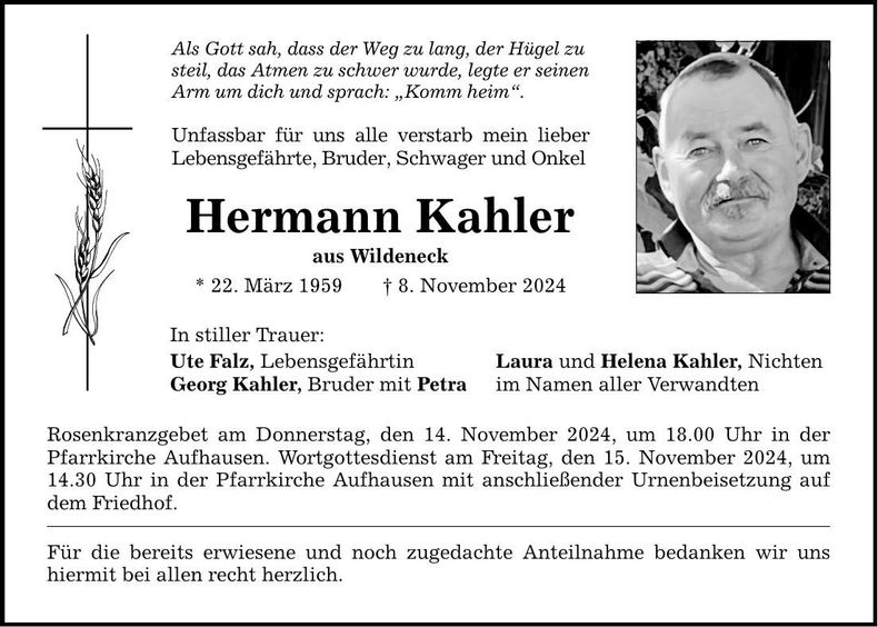 Traueranzeige Hermann Kahler