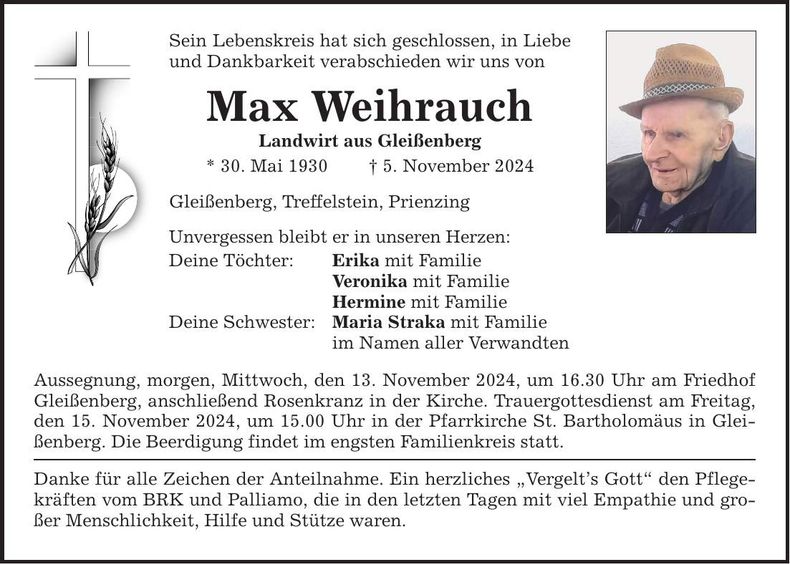 Traueranzeige Max Weihrauch