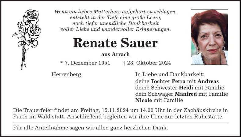 Traueranzeige Renate Sauer