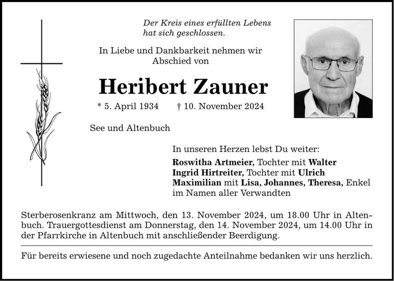 Traueranzeige Heribert Zauner