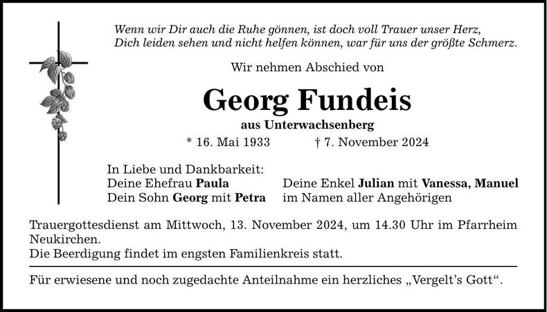Traueranzeige Fundeis Georg