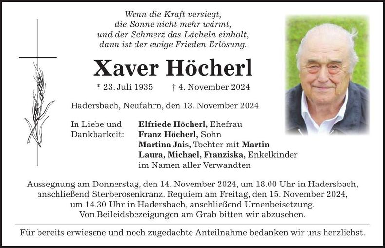 Traueranzeige Xaver Höcherl
