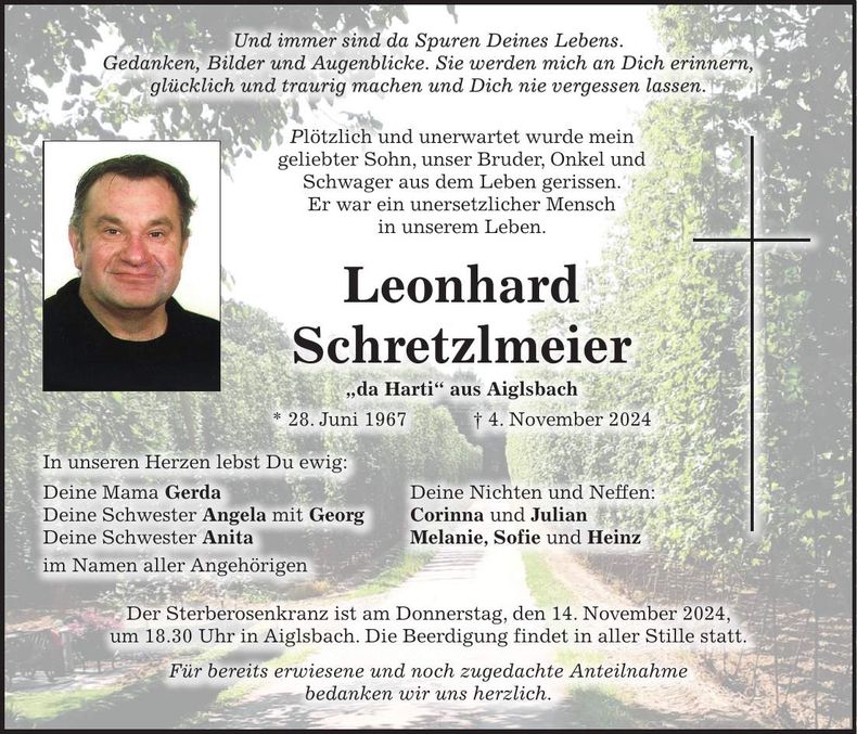 Traueranzeige Leonhard Schretzlmeier