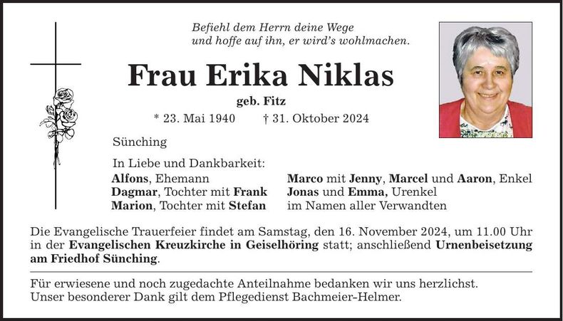 Traueranzeige Erika Niklas
