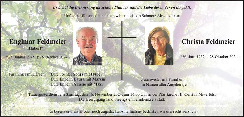Traueranzeige Englmar und Christa Feldmeier