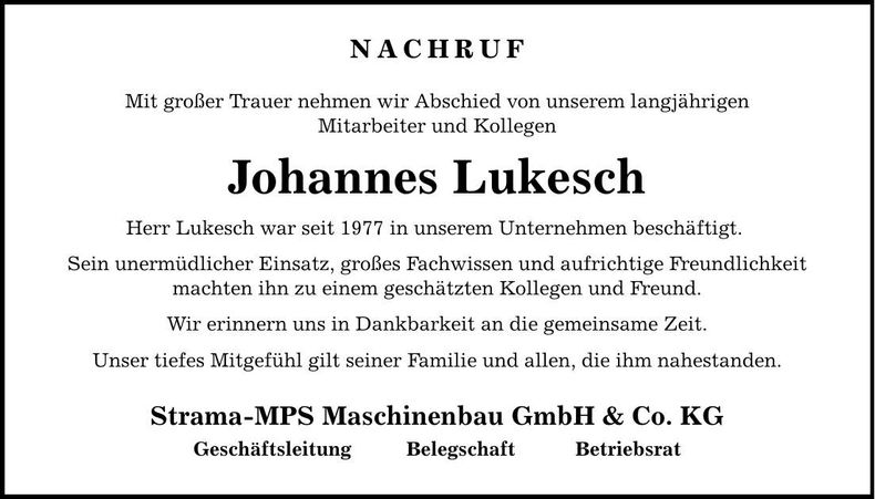 Traueranzeige Johannes Lukesch