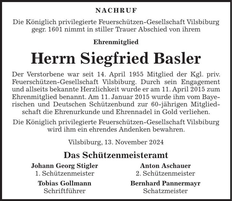 Traueranzeige Siegfried Basler