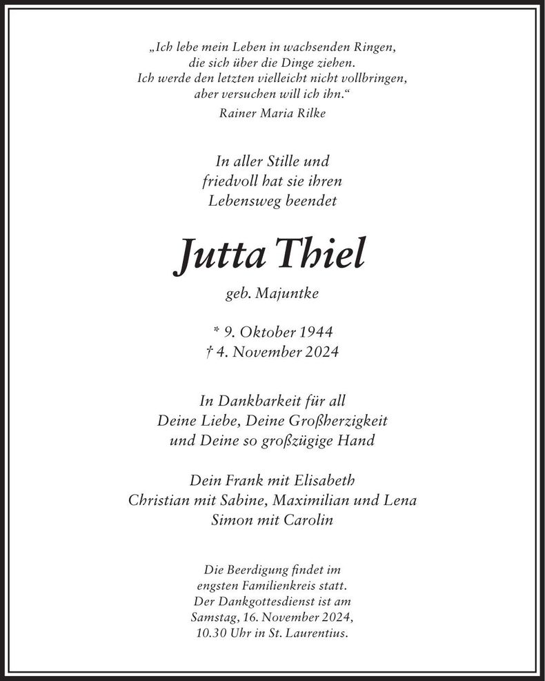 Traueranzeige Jutta Thiel