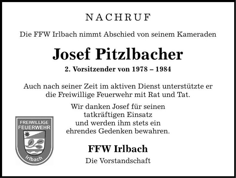 Traueranzeige Josef Pitzlbacher