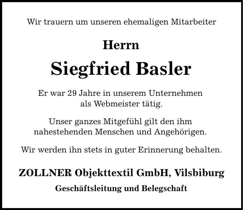 Traueranzeige Siegfried Basler