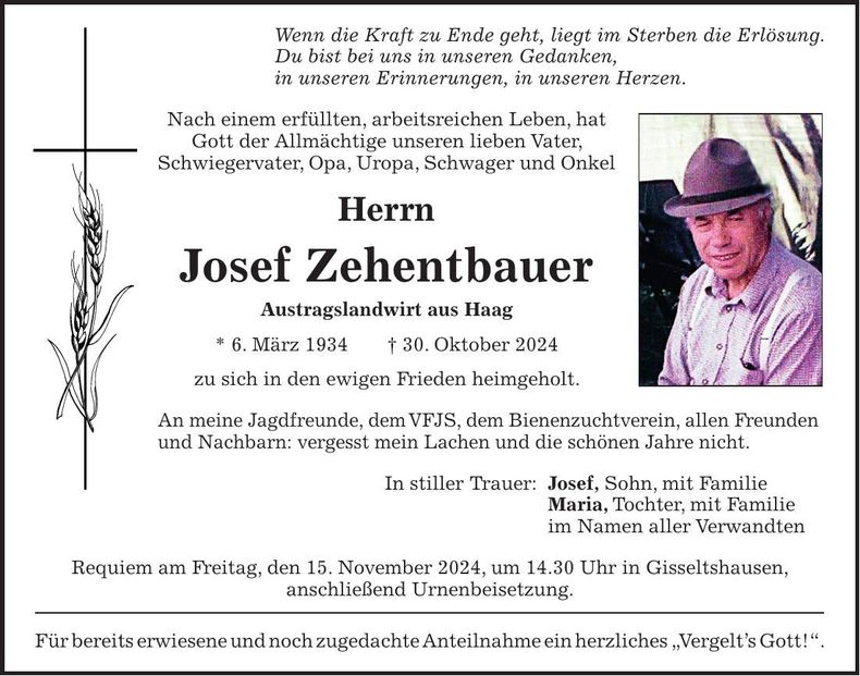 Traueranzeige Josef Zehentbauer
