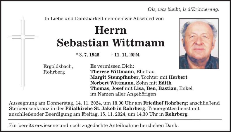 Traueranzeige Sebastian Wittmann
