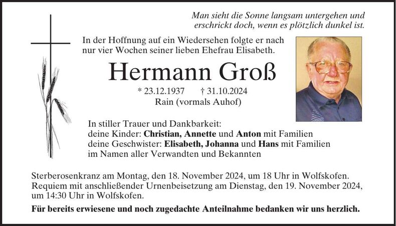 Traueranzeige Hermann Groß