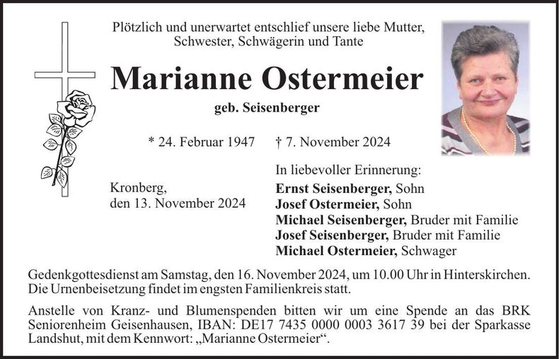 Traueranzeige Marianne Ostermeier