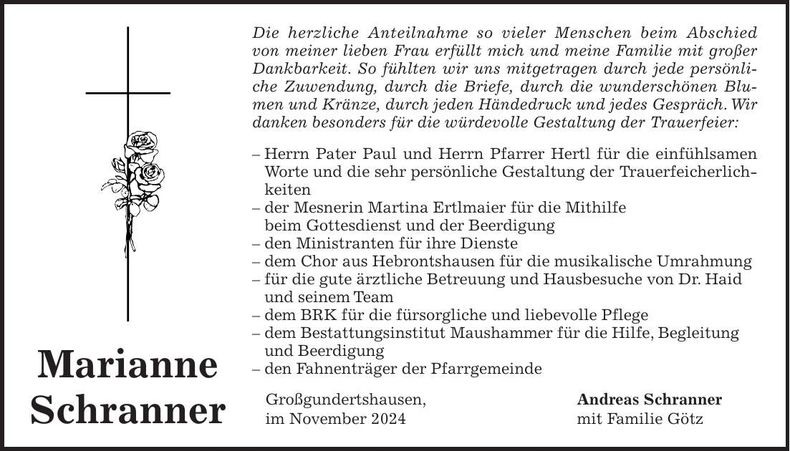 Traueranzeige Marianne Schranner