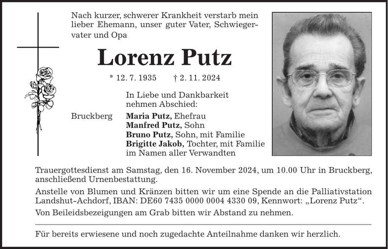 Traueranzeige Lorenz Putz