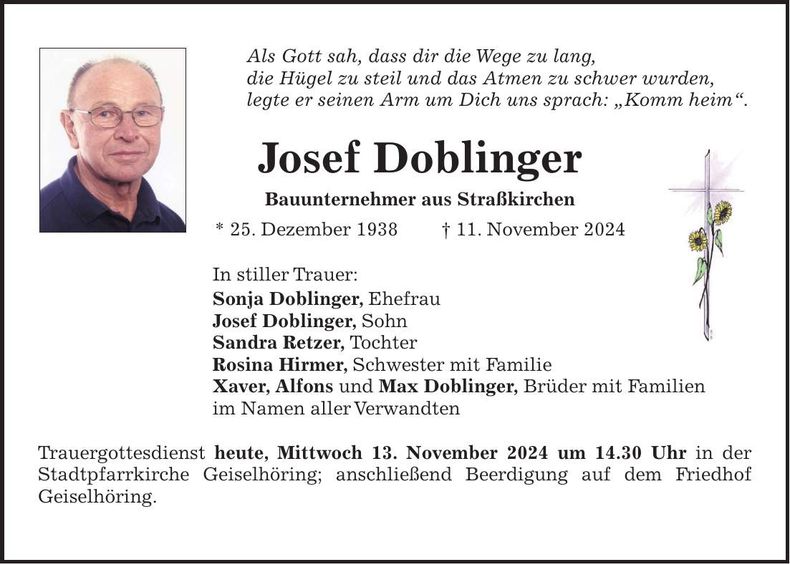 Traueranzeige Josef Doblinger