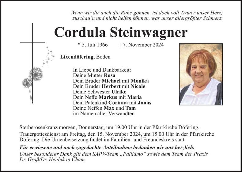 Traueranzeige Cordula Steinwagner