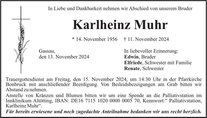 Traueranzeige Karlheinz Muhr