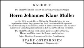 Traueranzeige Johannes Klaus Müller