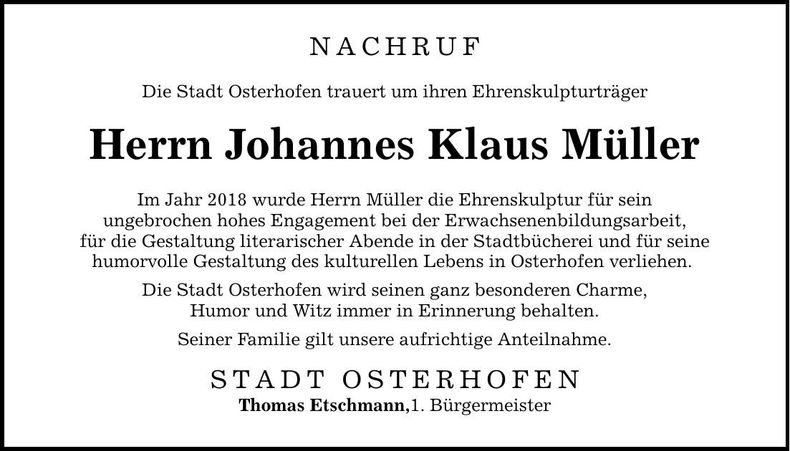 Traueranzeige Johannes Klaus Müller