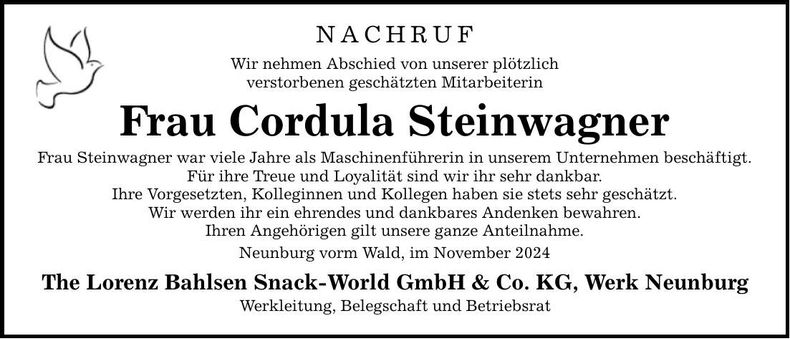 Traueranzeige Cordula Steinwagner