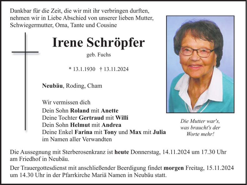 Traueranzeige Irene Schröpfer