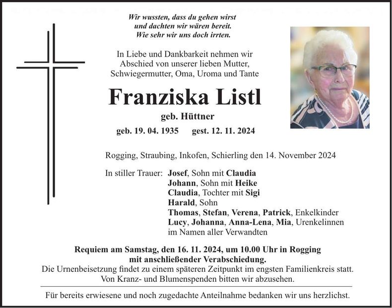 Traueranzeige Franziska Listl