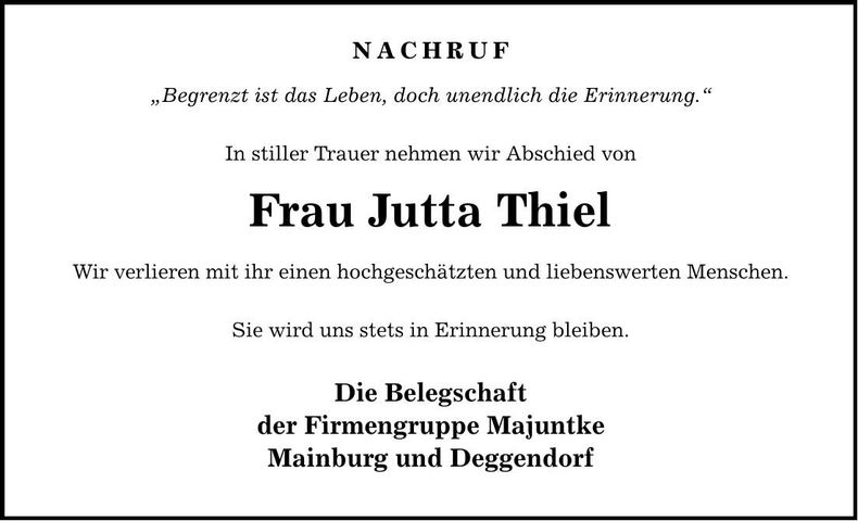 Traueranzeige Jutta Thiel